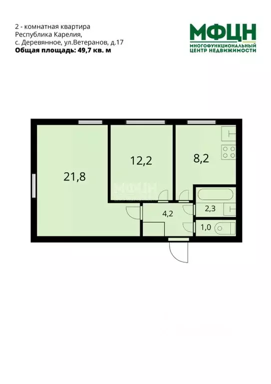 2-к кв. Карелия, Прионежский район, с. Деревянное ул. Ветеранов, 17 ... - Фото 2