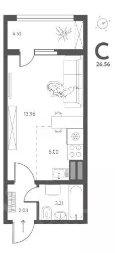 Студия Липецкая область, Липецк ул. Перова, 1 (26.56 м) - Фото 1