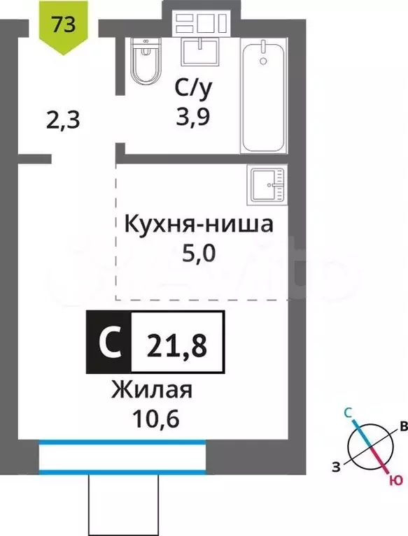 1-к. квартира, 21,8м, 7/9эт. - Фото 0