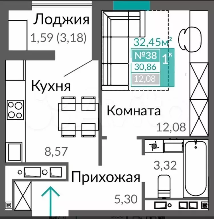 1-к. квартира, 32,5 м, 6/9 эт. - Фото 1