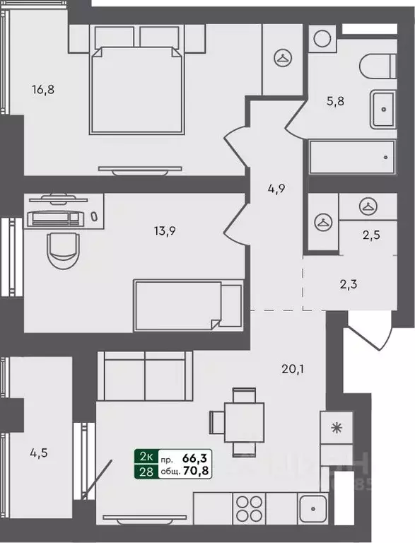 2-к кв. Тюменская область, Тюмень Ритмы жилой комплекс (70.8 м) - Фото 0