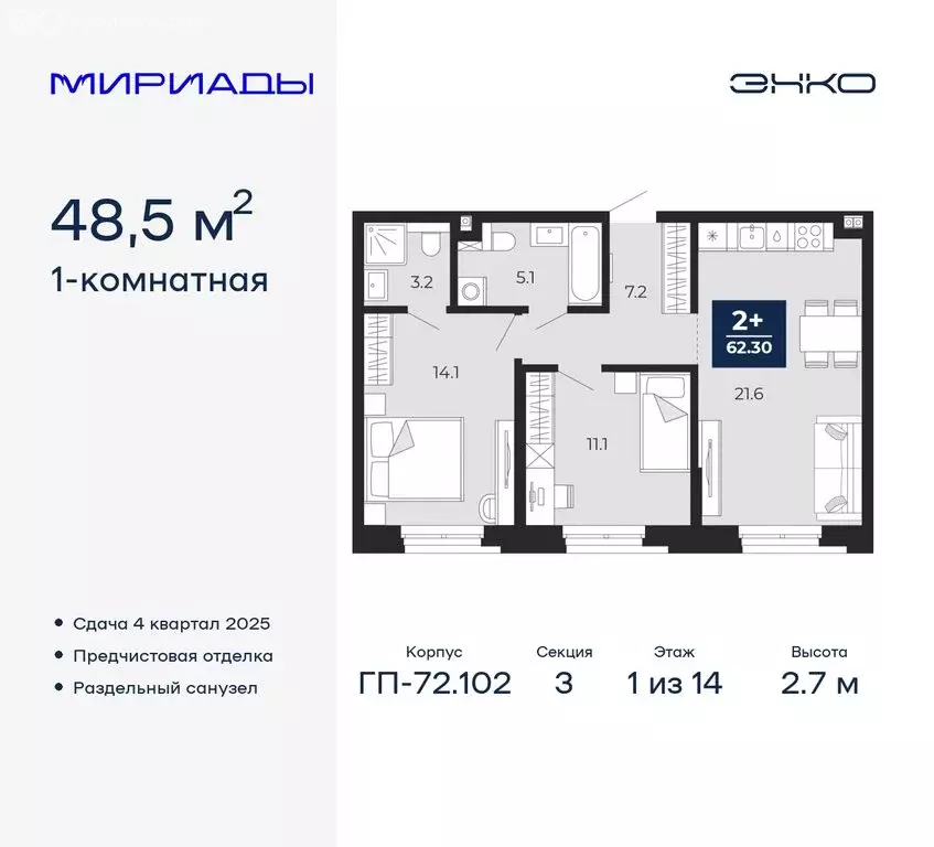 1-комнатная квартира: Тюмень, Ленинский округ (48.5 м) - Фото 0