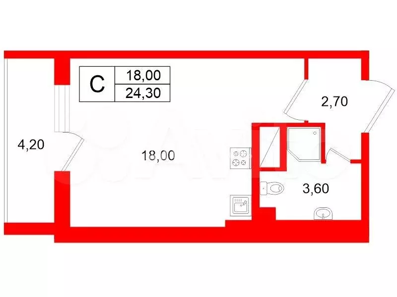 Квартира-студия, 24,3 м, 12/12 эт. - Фото 0