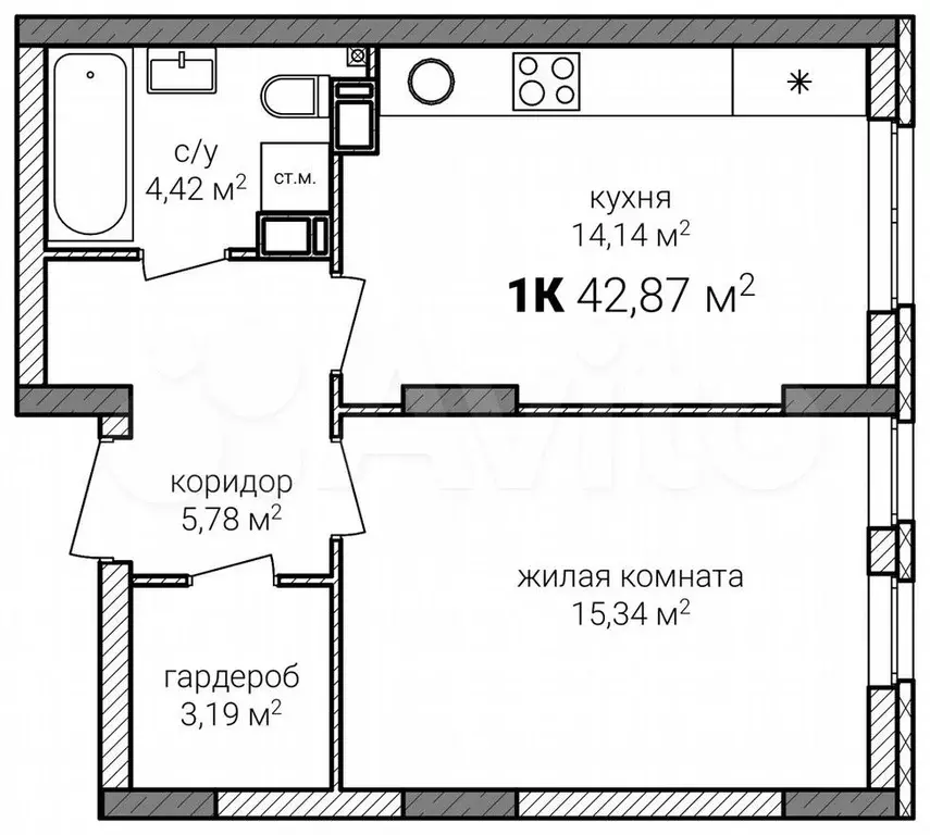 1-к. квартира, 42,9м, 4/15эт. - Фото 0