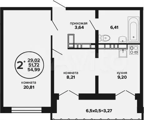 2-к. квартира, 51,7 м, 24/24 эт. - Фото 0