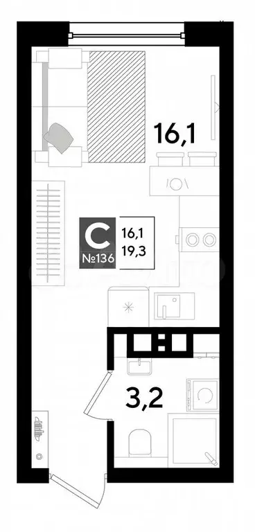 Квартира-студия, 19,3 м, 3/16 эт. - Фото 0