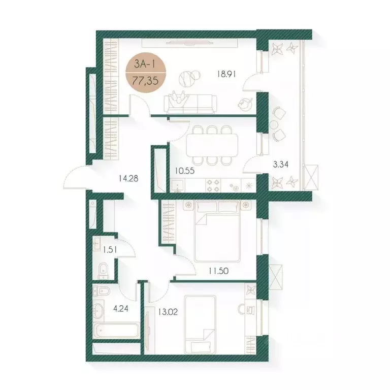 3-к кв. Татарстан, Казань Родины мкр, Наследие жилой комплекс (77.35 ... - Фото 1