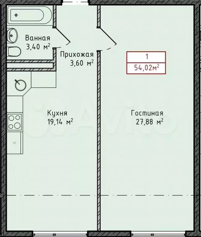 1-к. квартира, 54 м, 3/8 эт. - Фото 1
