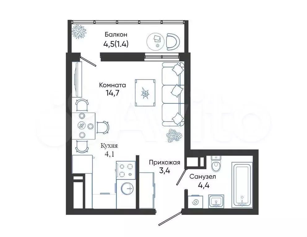 Квартира-студия, 28 м, 19/24 эт. - Фото 1