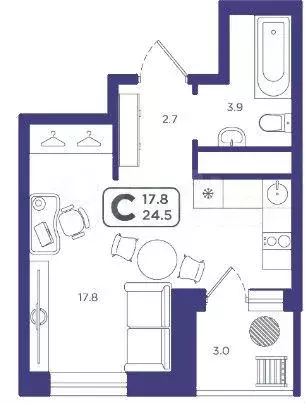 Квартира-студия, 24,5 м, 3/22 эт. - Фото 1
