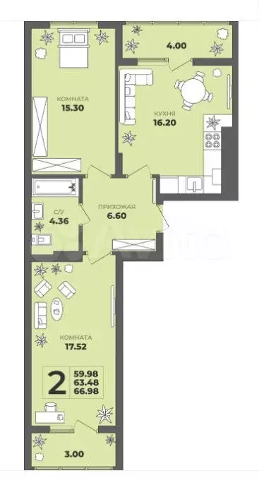 2-к. квартира, 63,5 м, 2/8 эт. - Фото 1