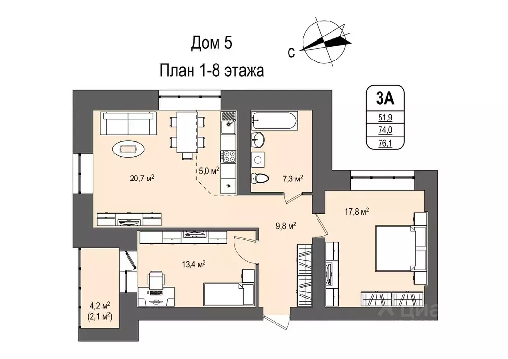 3-к кв. Кемеровская область, Кемерово 55-й мкр, 5 (76.1 м) - Фото 0