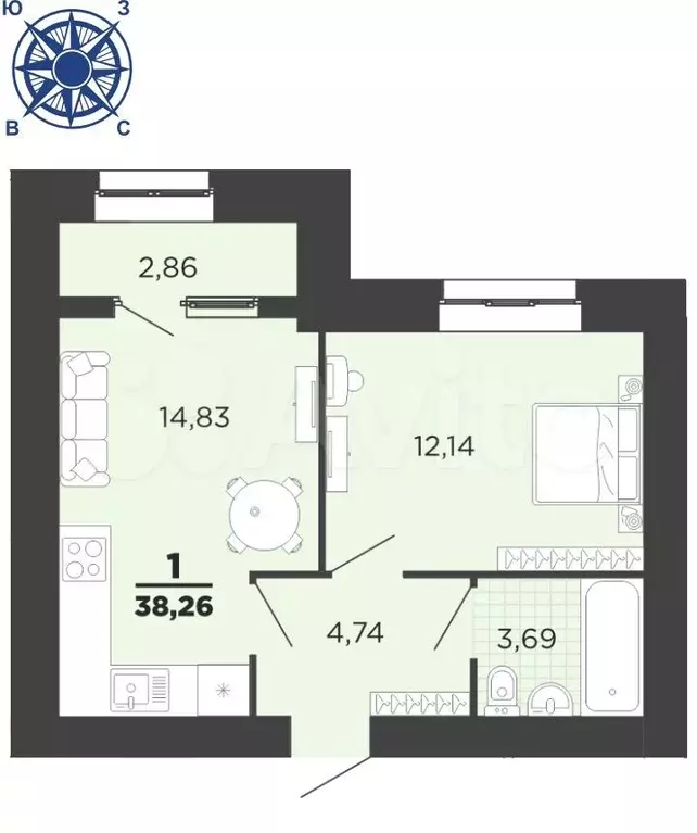 1-к. квартира, 34,8 м, 14/16 эт. - Фото 1