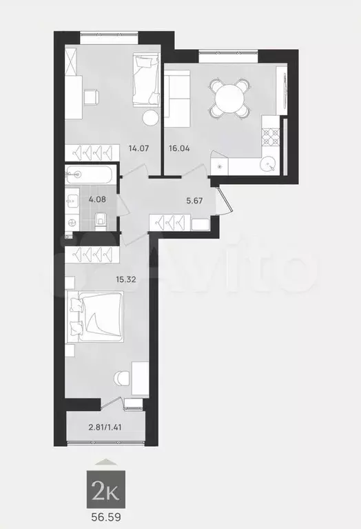2-к. квартира, 56,6 м, 6/9 эт. - Фото 1