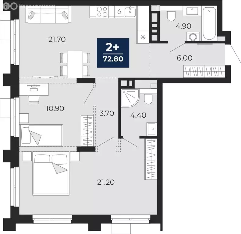 2-комнатная квартира: Тюмень, жилой комплекс Айвазовский Сити (72.8 м) - Фото 0