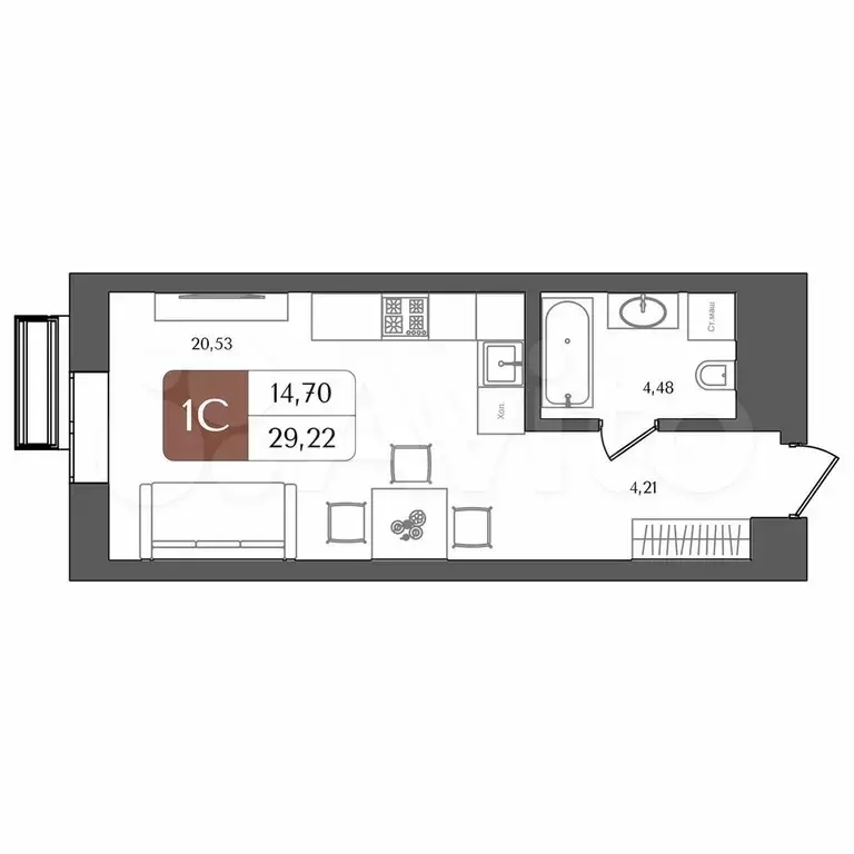 Квартира-студия, 29,2 м, 7/21 эт. - Фото 1