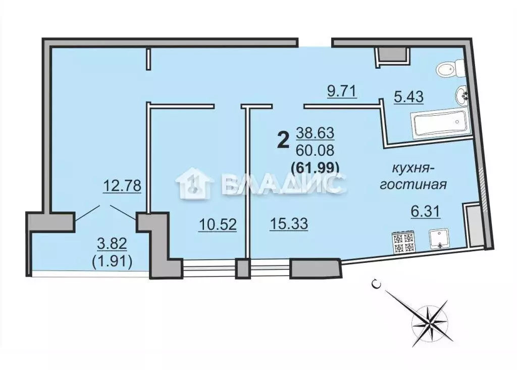 2-комнатная квартира: Вологда, Медуницинская улица, 11 (62 м) - Фото 0