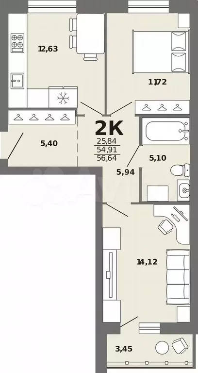 2-к. квартира, 56,6 м, 7/8 эт. - Фото 0