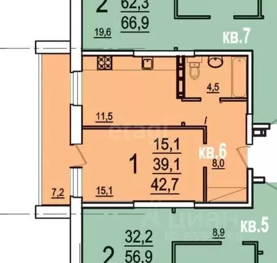 1-к кв. Тульская область, Тула ул. Макаренко, 34 (39.0 м) - Фото 1