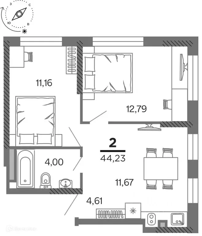 2-к кв. Рязанская область, Рязань Олимпийский городок мкр, 10 (44.23 ... - Фото 1