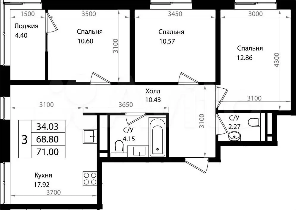 3-к. квартира, 71 м, 8/10 эт. - Фото 1