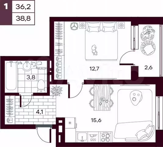 1-к. квартира, 38,8 м, 7/14 эт. - Фото 0
