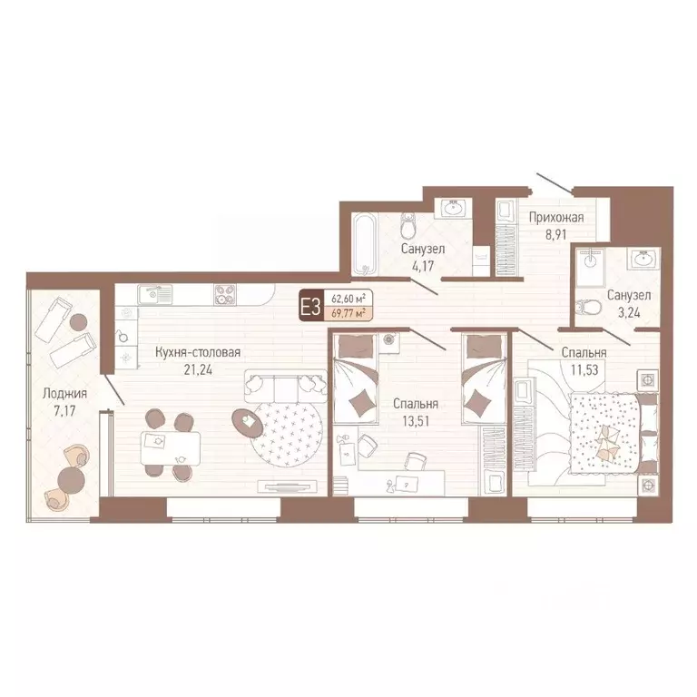 2-к кв. Тульская область, Тула Кулик жилой комплекс (66.19 м) - Фото 1