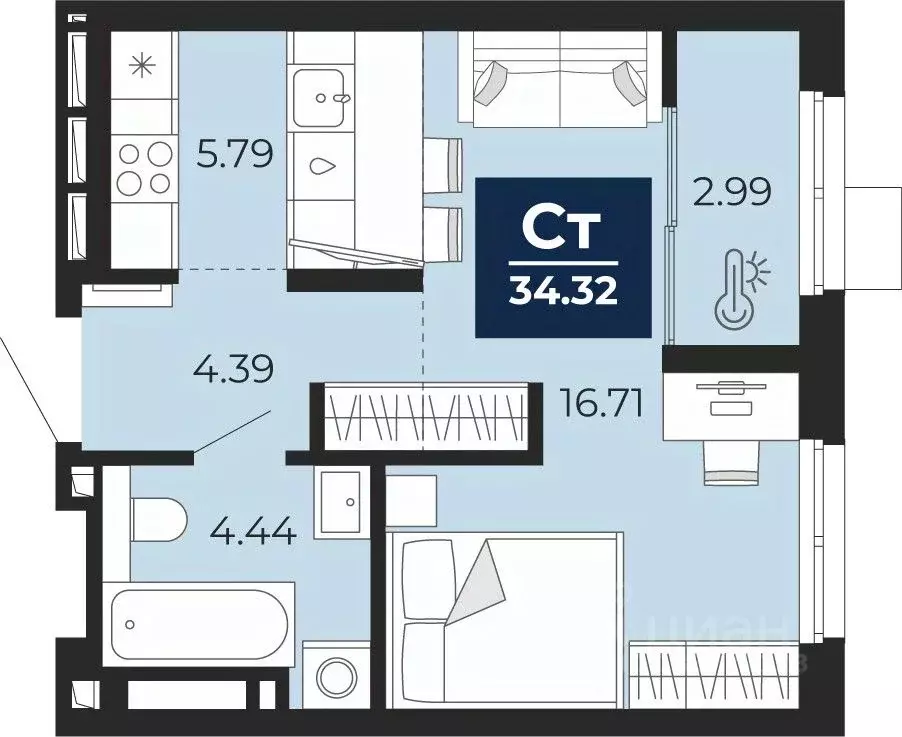 Студия Тюменская область, Тюмень Беринг жилой комплекс (34.32 м) - Фото 1