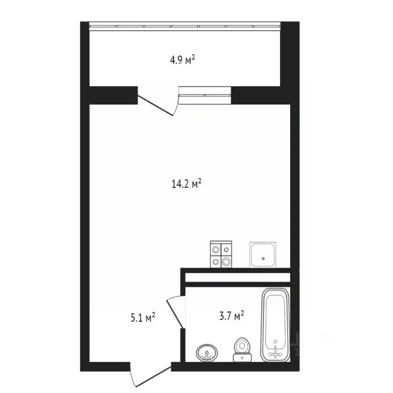 Студия Тюменская область, Тюмень ул. Братьев Бондаревых, 5 (27.9 м) - Фото 2