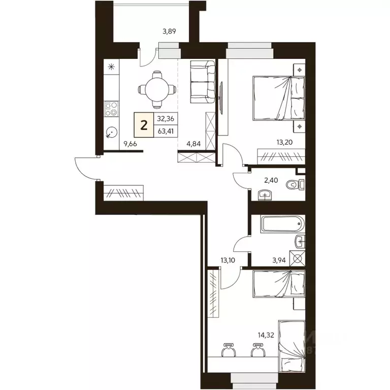 2-к кв. Башкортостан, Уфа ул. Жуковского, 19А (63.41 м) - Фото 1