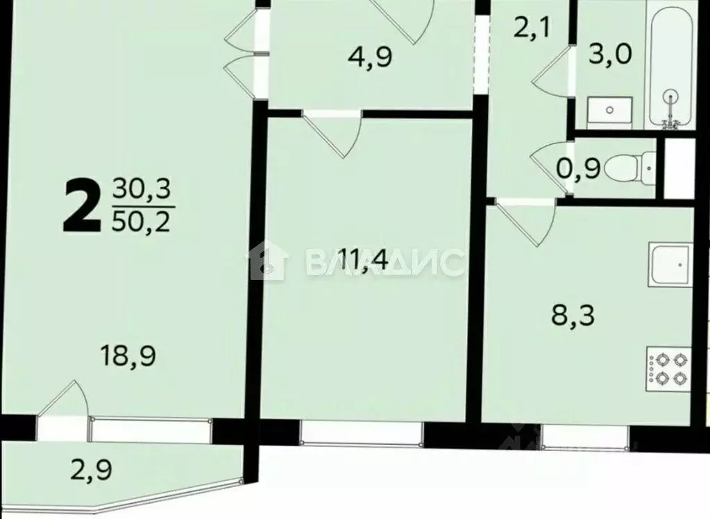 Квартира, 2 комнаты, 50.4 м - Фото 1