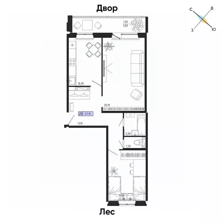 2-к кв. Томская область, Томск тракт Иркутский, 185Б (63.36 м) - Фото 0