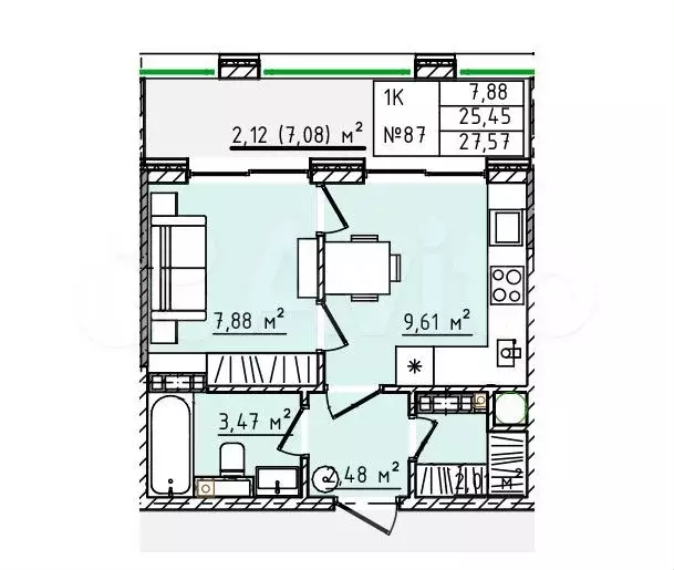 1-к. квартира, 27,6 м, 5/5 эт. - Фото 0