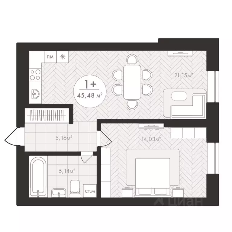1-к кв. Башкортостан, Уфа Южный-2 мкр,  (45.48 м) - Фото 1