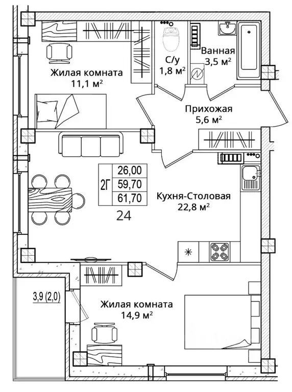 2-к кв. Псковская область, Псковский район, Завеличенская волость, д. ... - Фото 1