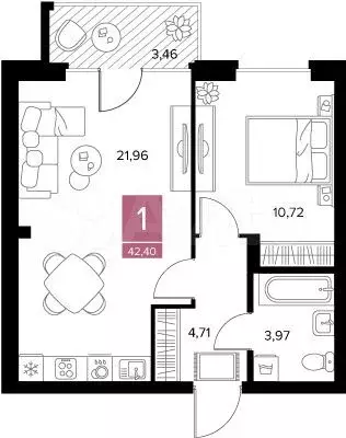 1-к. квартира, 42,4 м, 1/9 эт. - Фото 0
