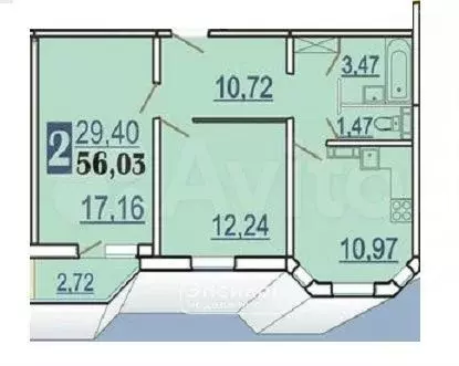 2-к. квартира, 57,4 м, 9/12 эт. - Фото 0