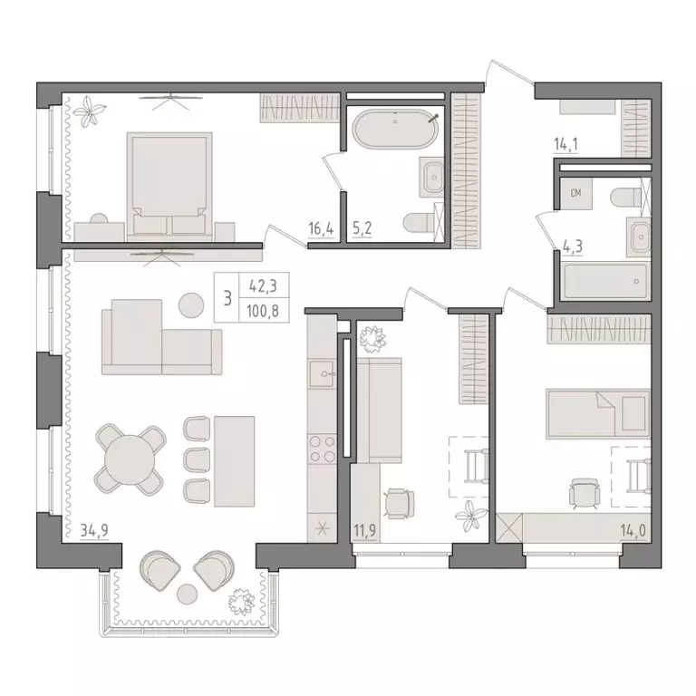 3-к кв. Башкортостан, Уфа 563-й кв-л,  (100.8 м) - Фото 1