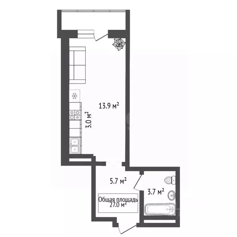 Студия Новосибирская область, Новосибирск ул. Ясный Берег, 10 (27.0 м) - Фото 2