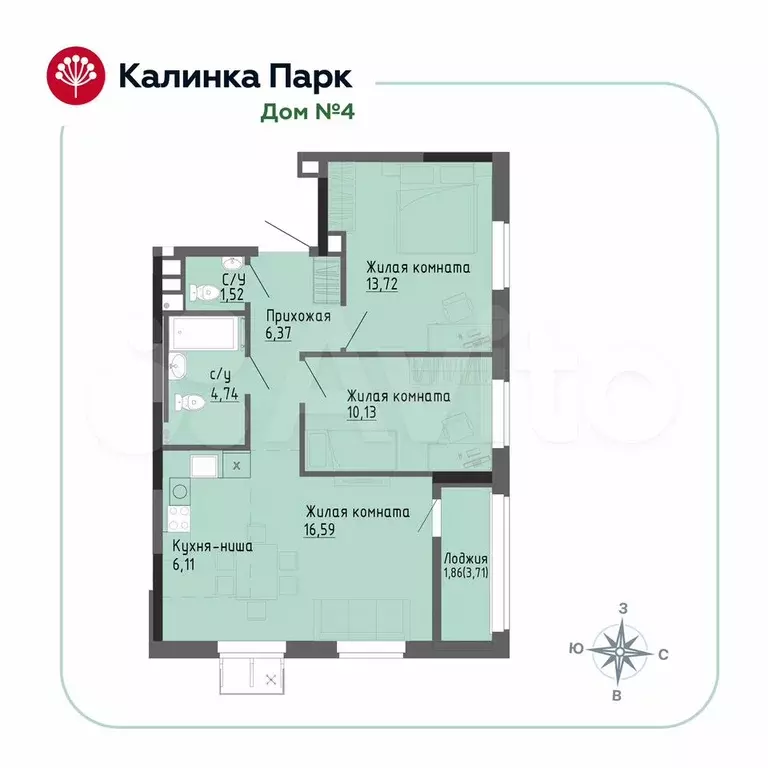 2-к. квартира, 60,6 м, 5/17 эт. - Фото 0