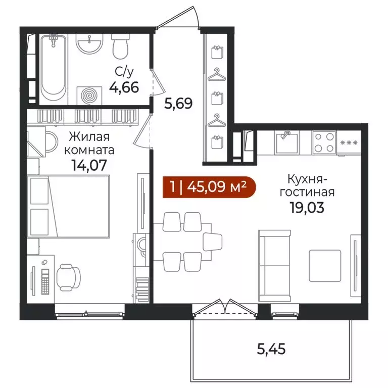1-комнатная квартира: Всеволожский район, посёлок Щеглово (45.09 м) - Фото 1