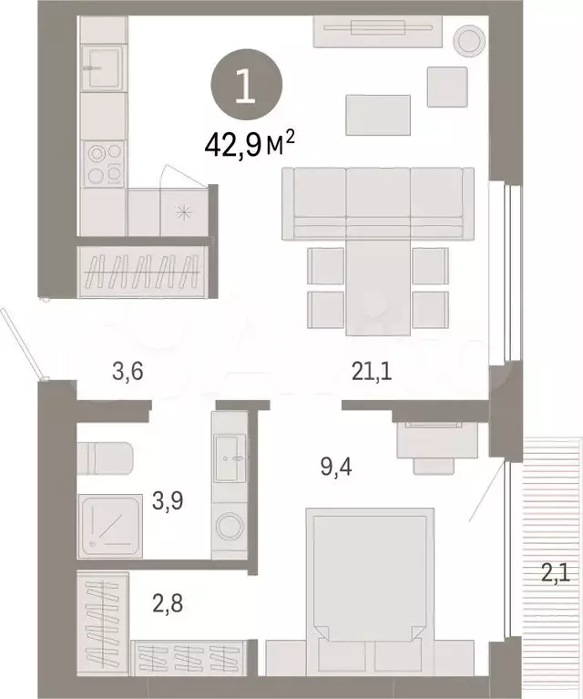 1-к. квартира, 42,9 м, 7/12 эт. - Фото 1