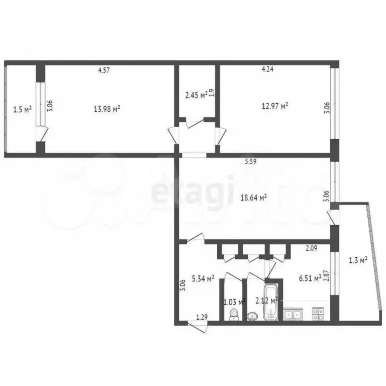 3-к. квартира, 64,1 м, 8/9 эт. - Фото 0