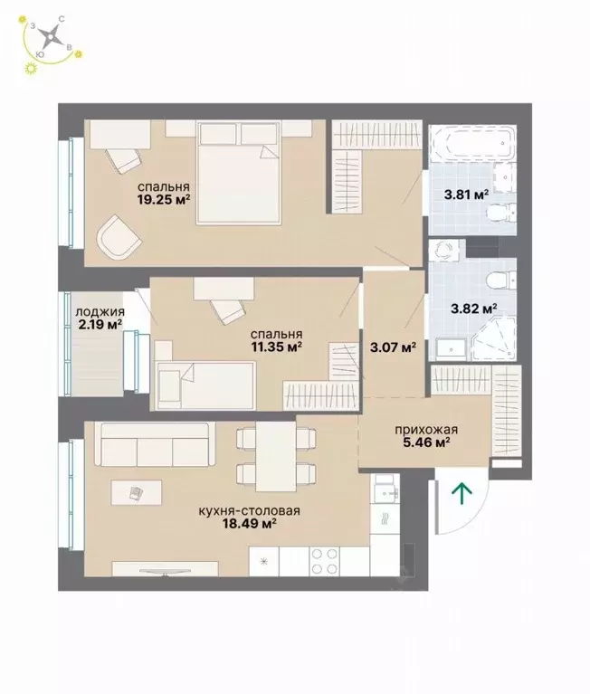 2-к кв. Свердловская область, Екатеринбург Эльмаш жилрайон,  (67.44 м) - Фото 1