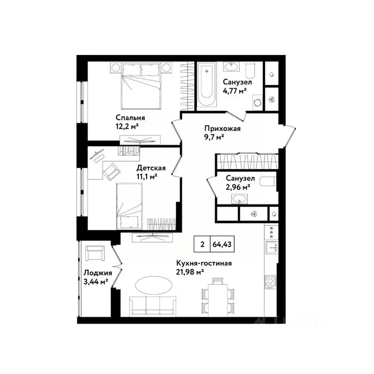 2-к кв. Тульская область, Тула ул. Седова, 26к2 (67.8 м) - Фото 0