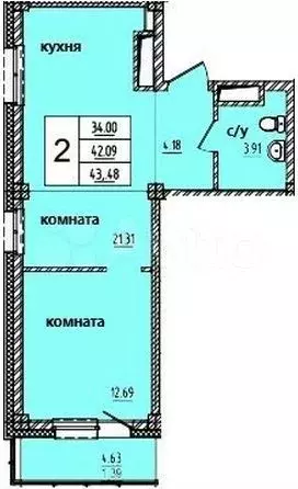 2-к. квартира, 43,6м, 8/15эт. - Фото 0