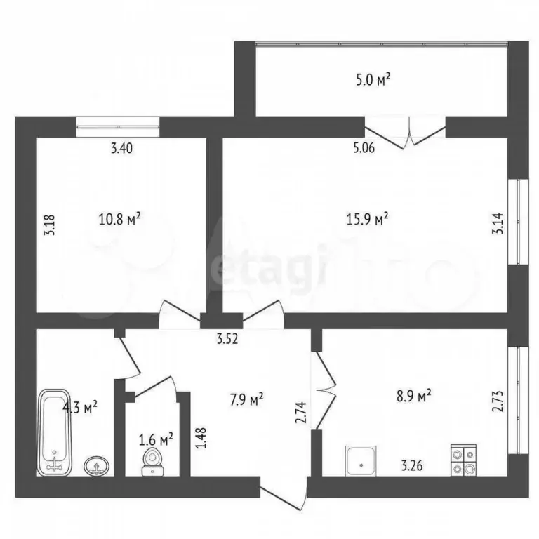 2-к. квартира, 49,4 м, 9/10 эт. - Фото 0