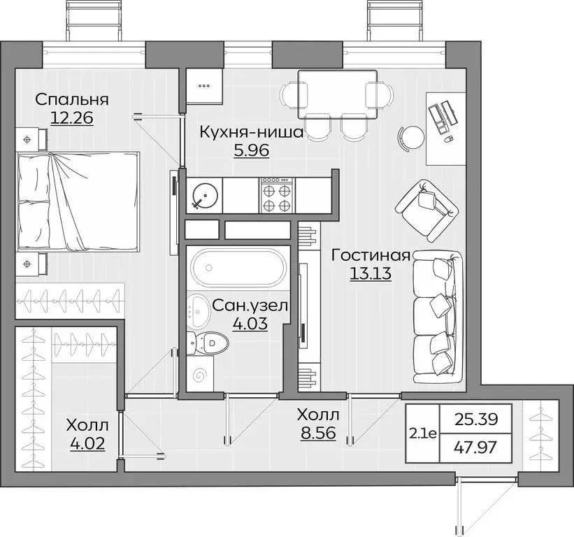 2-комнатная квартира: Казань, ЖК Батталовский (47.96 м) - Фото 0