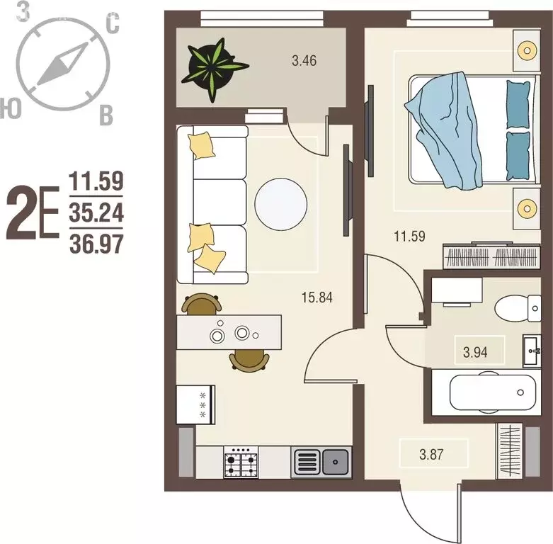 1-комнатная квартира: село Новая Усмань, бульвар Художников, 4 (36.97 ... - Фото 1