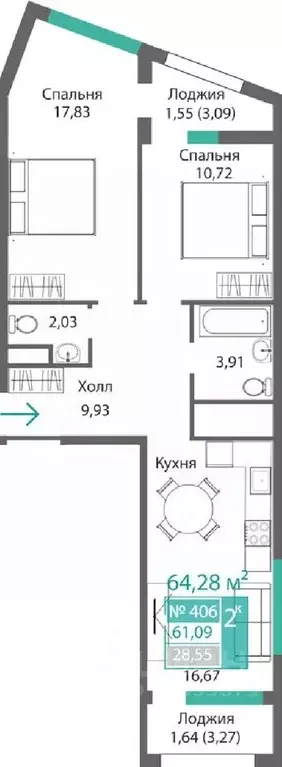 2-к кв. Крым, Симферополь Крымская роза мкр,  (64.27 м) - Фото 0